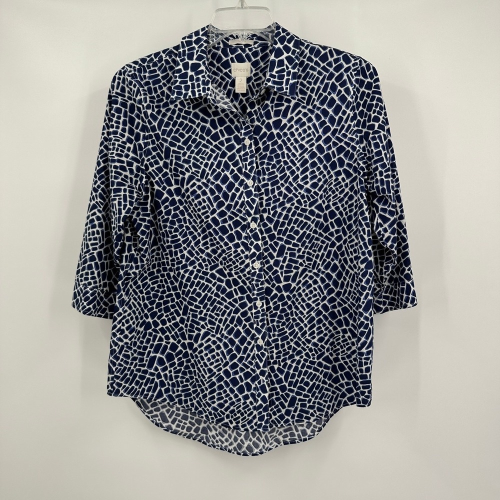 Chicos Womens Preppy No Iron Cotton Top Size 2 US L Office Abstract Geometric